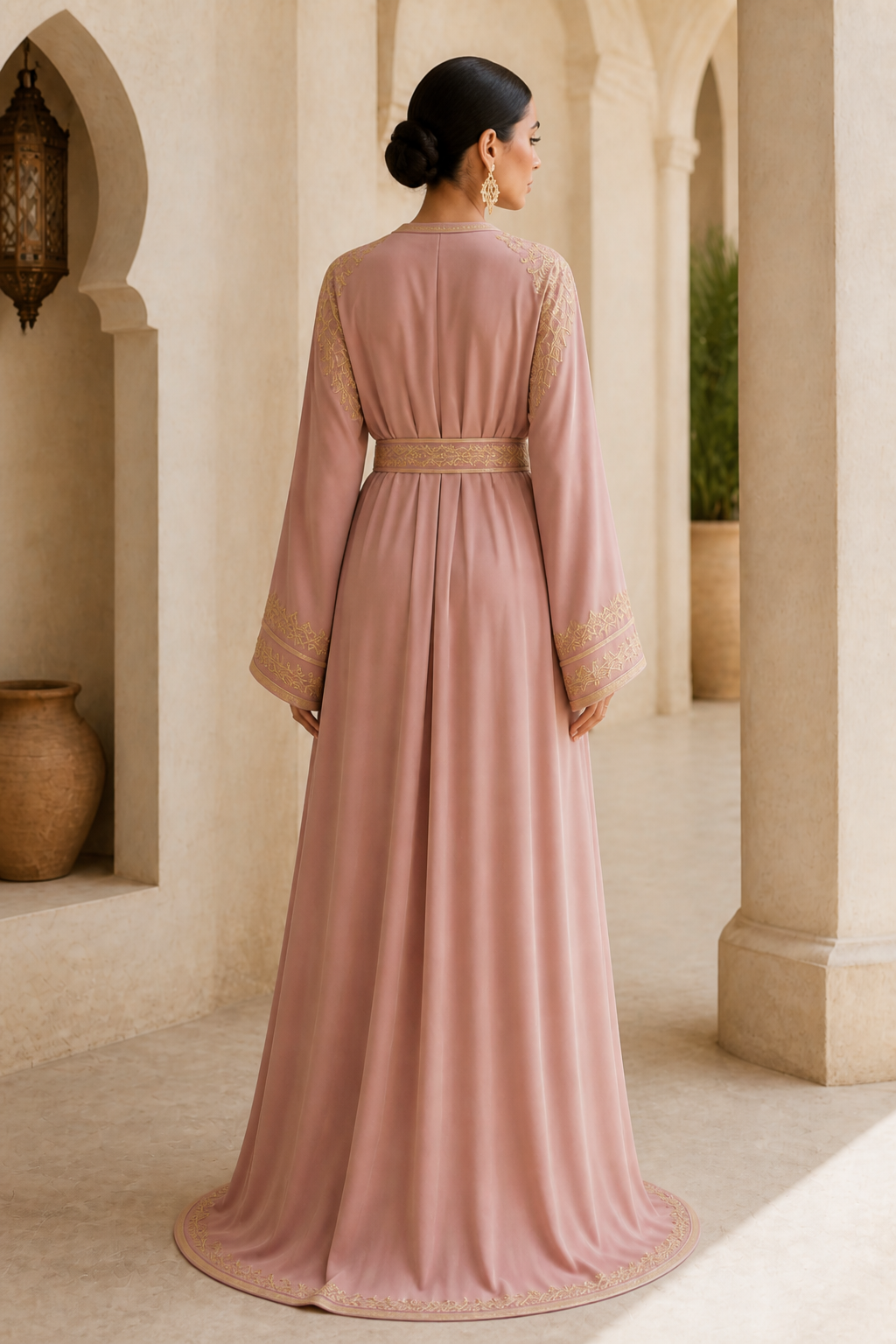 Caftan rose poudré — Dos — bldi couture