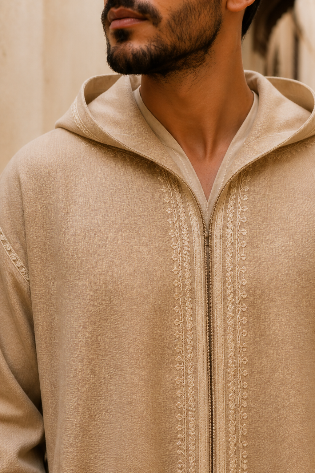 Jellaba beige à capuche — Broderie — bldi couture